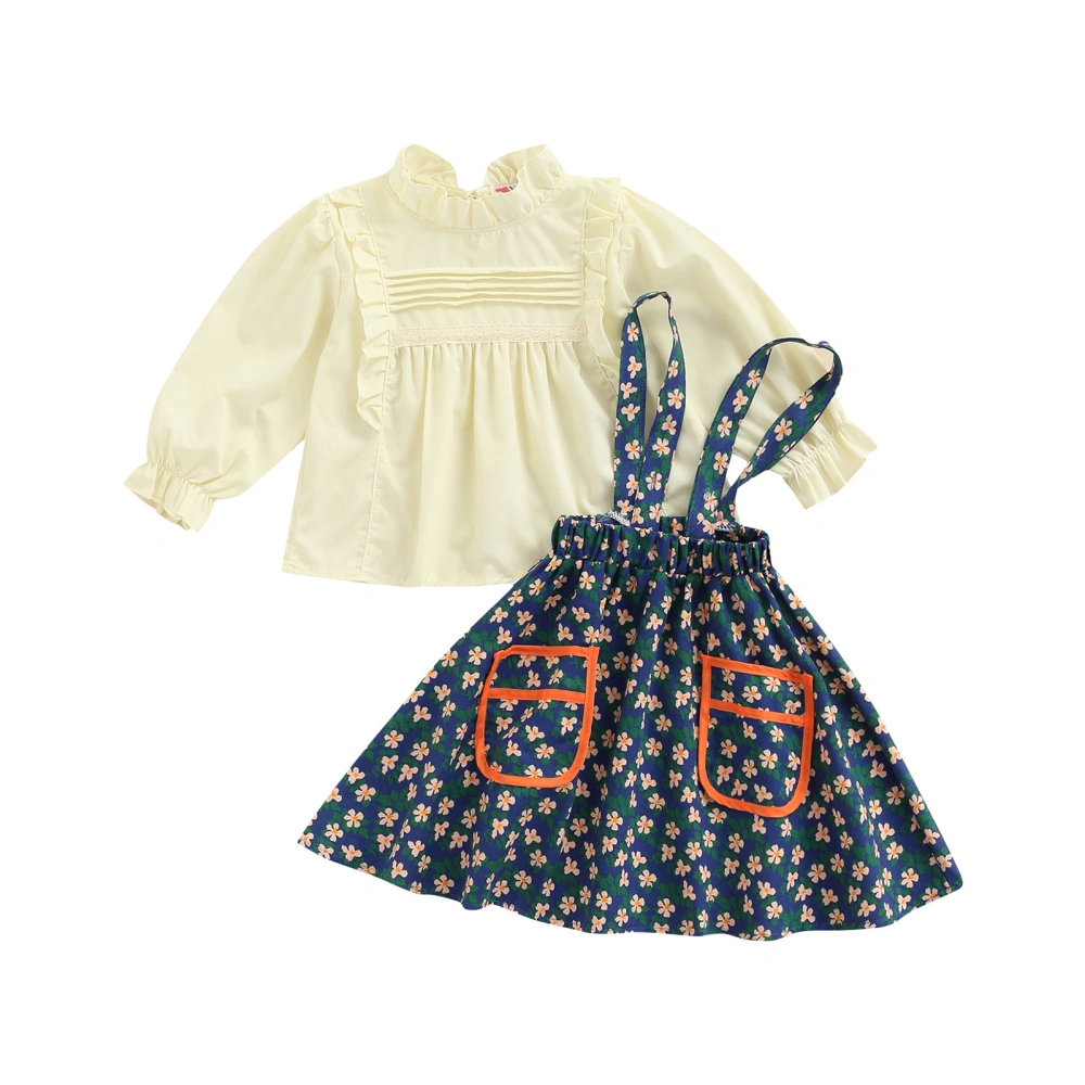 Kids Girl Clothes Ruffled Shirt Tops Floral Print Suspender Skirt Set