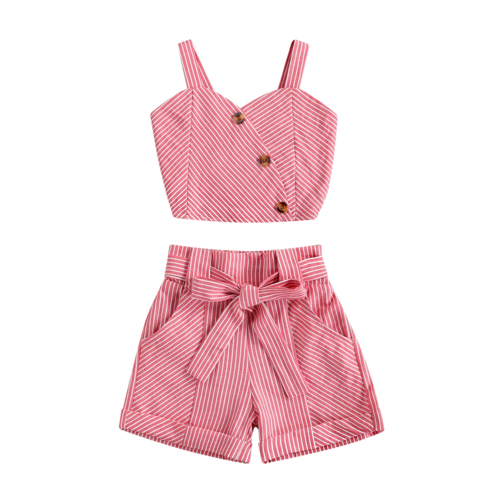 Girl’s Stripe Oblique Breasted Suspender Tops and Bandage Shorts