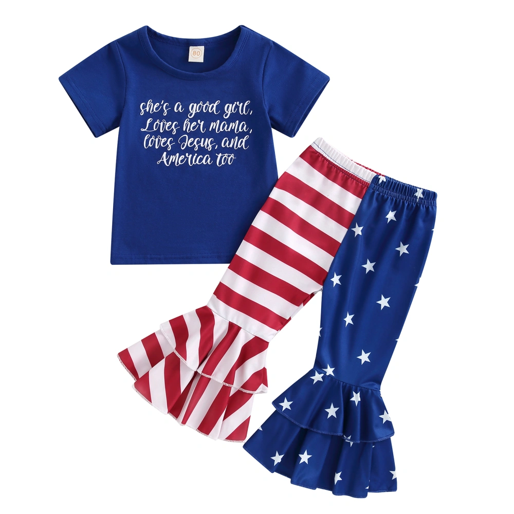 Girls Blue Short Sleeve Tops + Stars Stripe Patchwork Flared Pants