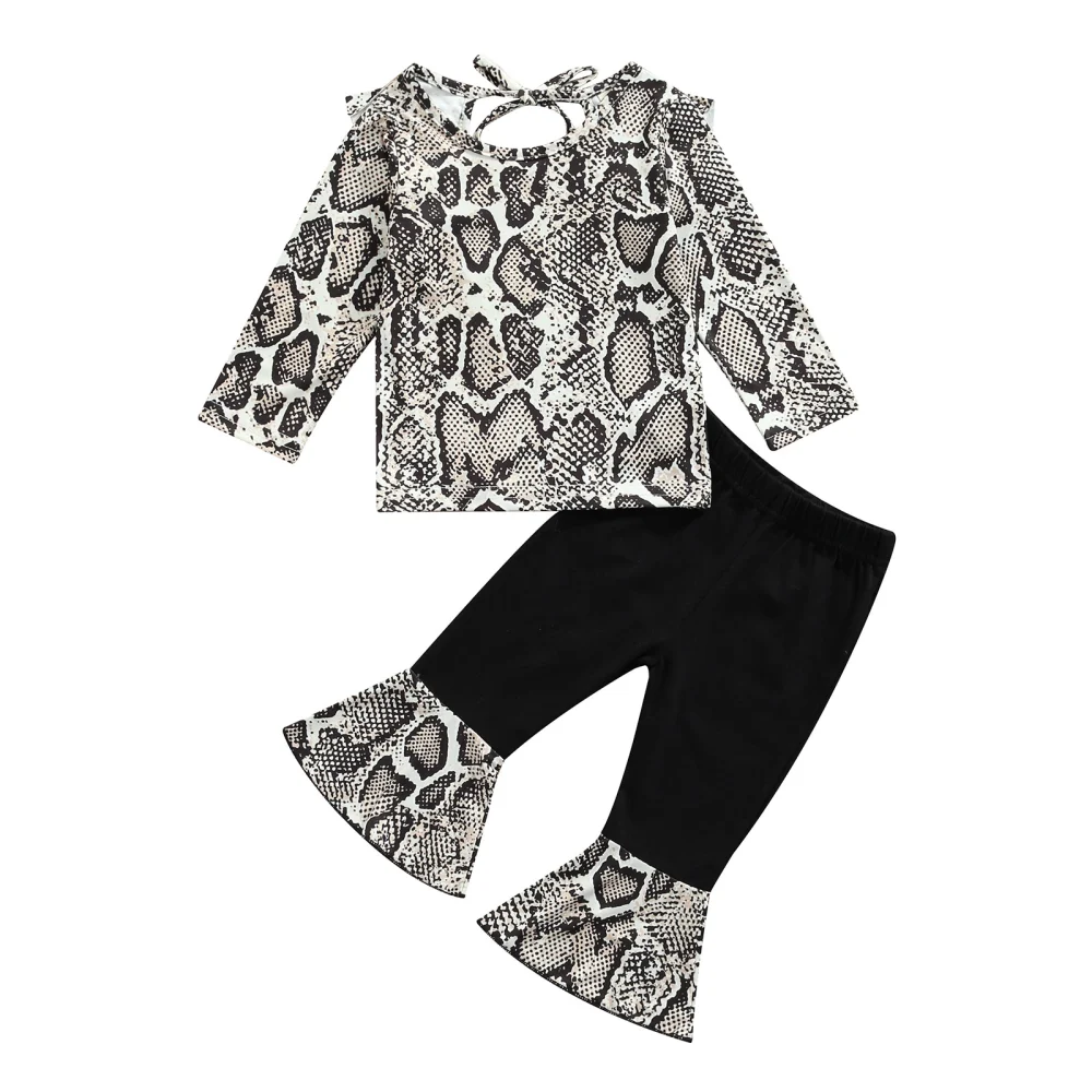 Kids Snake Skin Pants Set, Long Sleeve Patchwork Bell-bottoms Pants