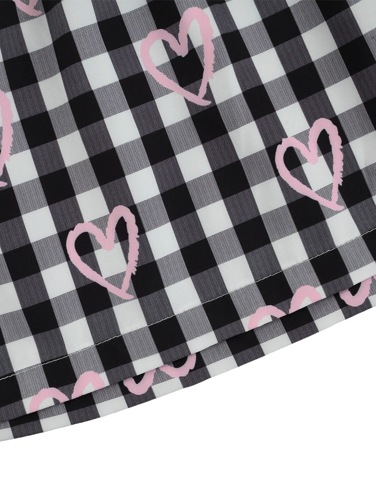 Kids Summer Dress, Heart Print Plaid Turn-Down Collar Jumper Skirt