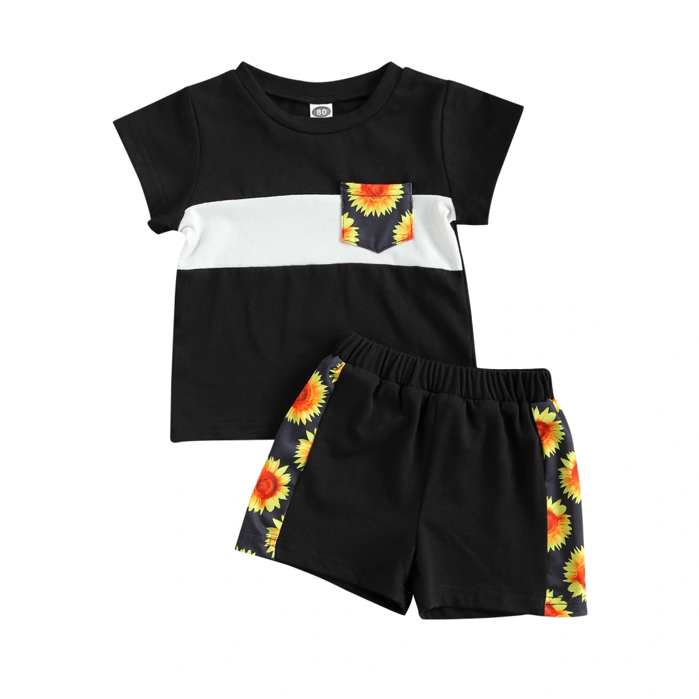 Boys Sunflower Print Round Collar Short Sleeve T-Shirt+ Short Pants