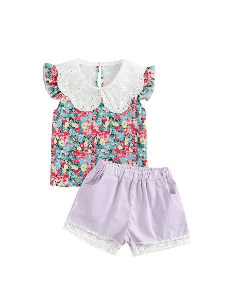 Baby Girls 2Pcs Summer Outfits, Ruffle Sleeve T-Shirt + Shorts