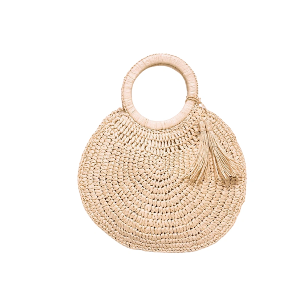 Women Summer Straw Tote Purse, Round Handle Woven Handbag with Tassel