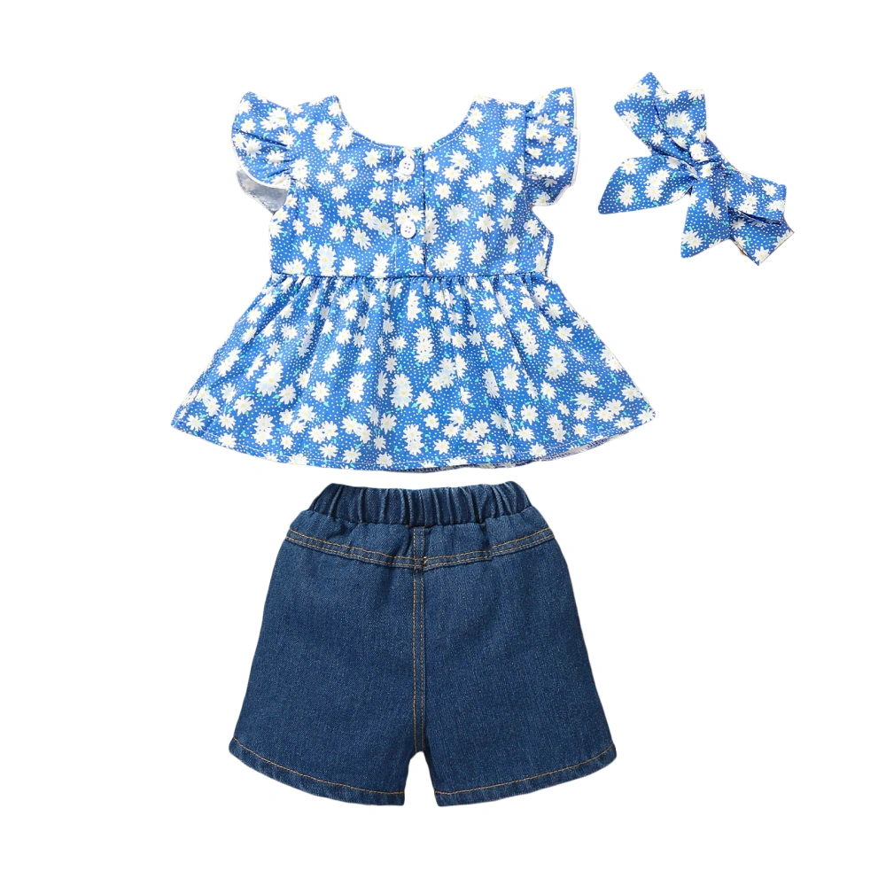 Girl’s Print Fly Sleeve Tops and Patchwork Denim Shorts with Headband