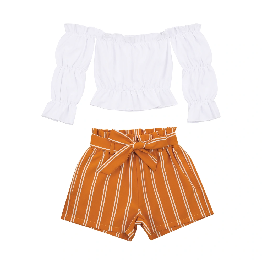 Girl's Two-piece Suit, Long Sleeve Off Shoulder Tops and Stripe Shorts