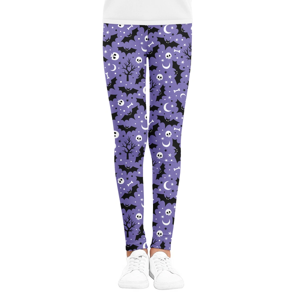 Halloween Leggings, Color Block Skull & Bat Print Sports Trousers