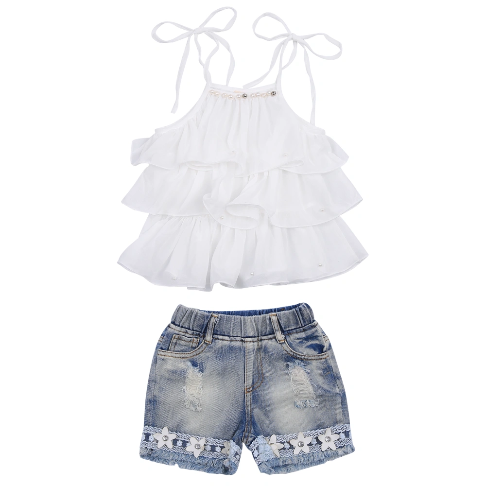 Little Girl’s Fashion Pearl Camisole and Flower Denim Short Pants