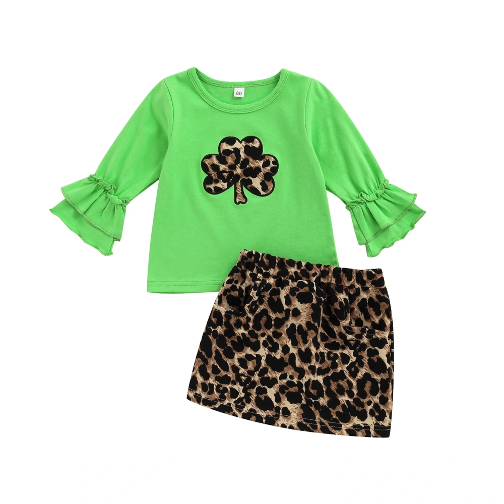 Toddler Girl Stylish Outfits Leaf Print Shirt Tops with Leopard Skirt 