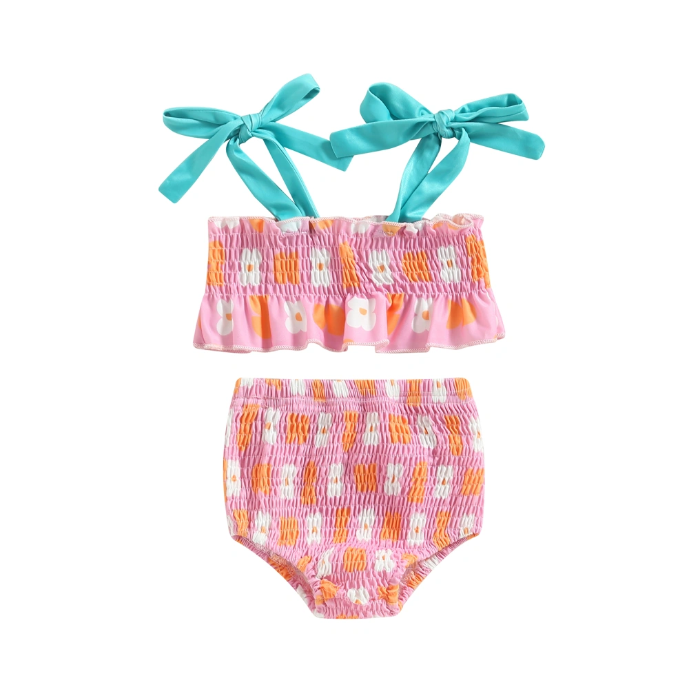 Kids Girls Bikini Set, Flowers Contrast Color Lacing Camisole + Briefs