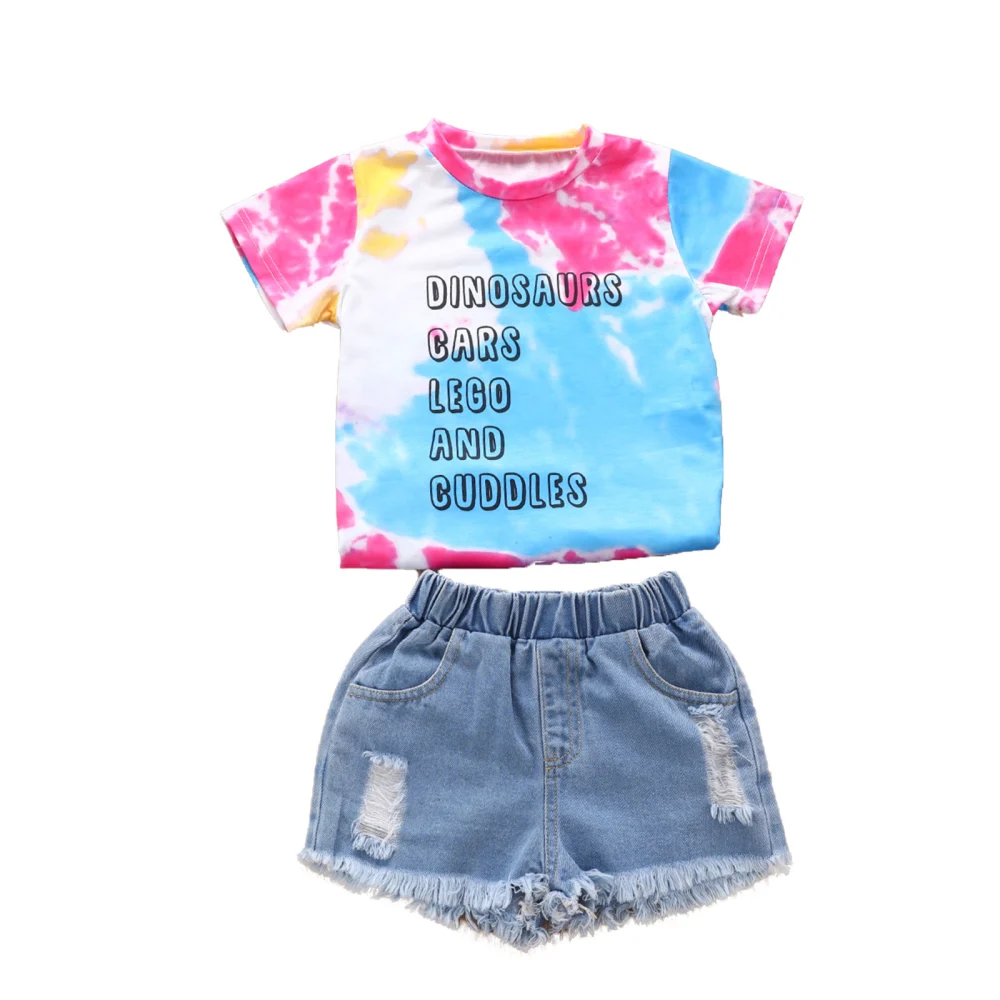 Little Girls Outfit, Round Collar Short Sleeve Top, Denim Shorts