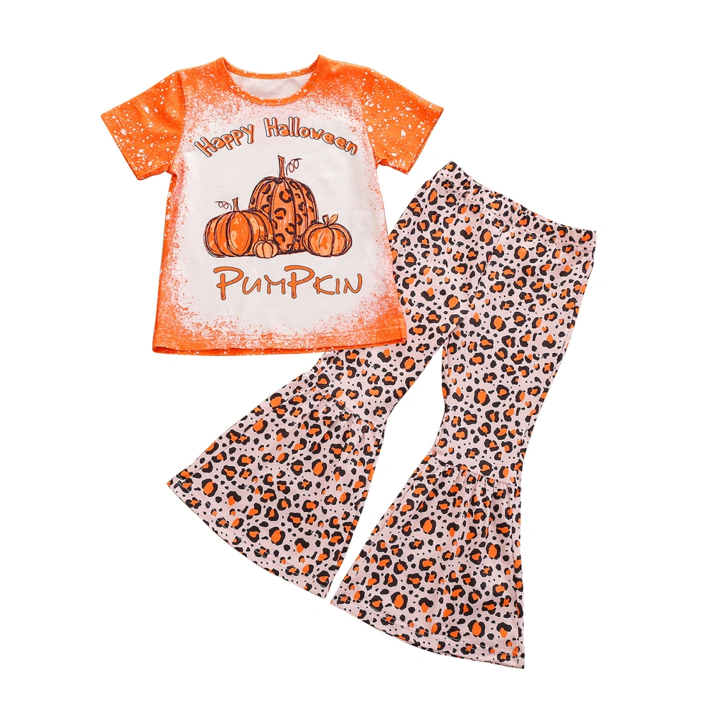 Girl’s Pumpkin Short Sleeve T-shirt and Leopard Trumpet Pants Set