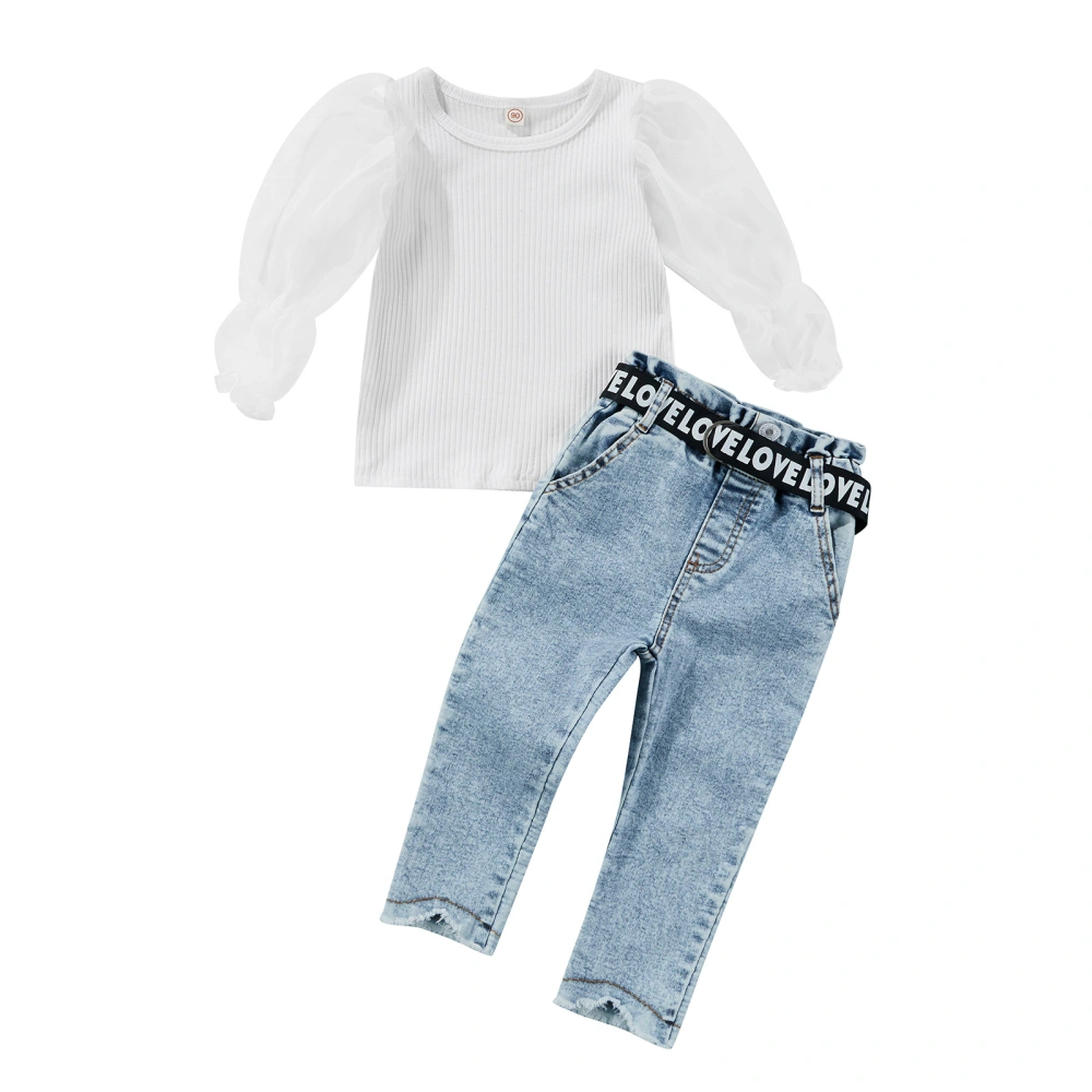 Kid Girls Pants Set, Tulle Sleeve Tops with Waistbelt Denim Pants