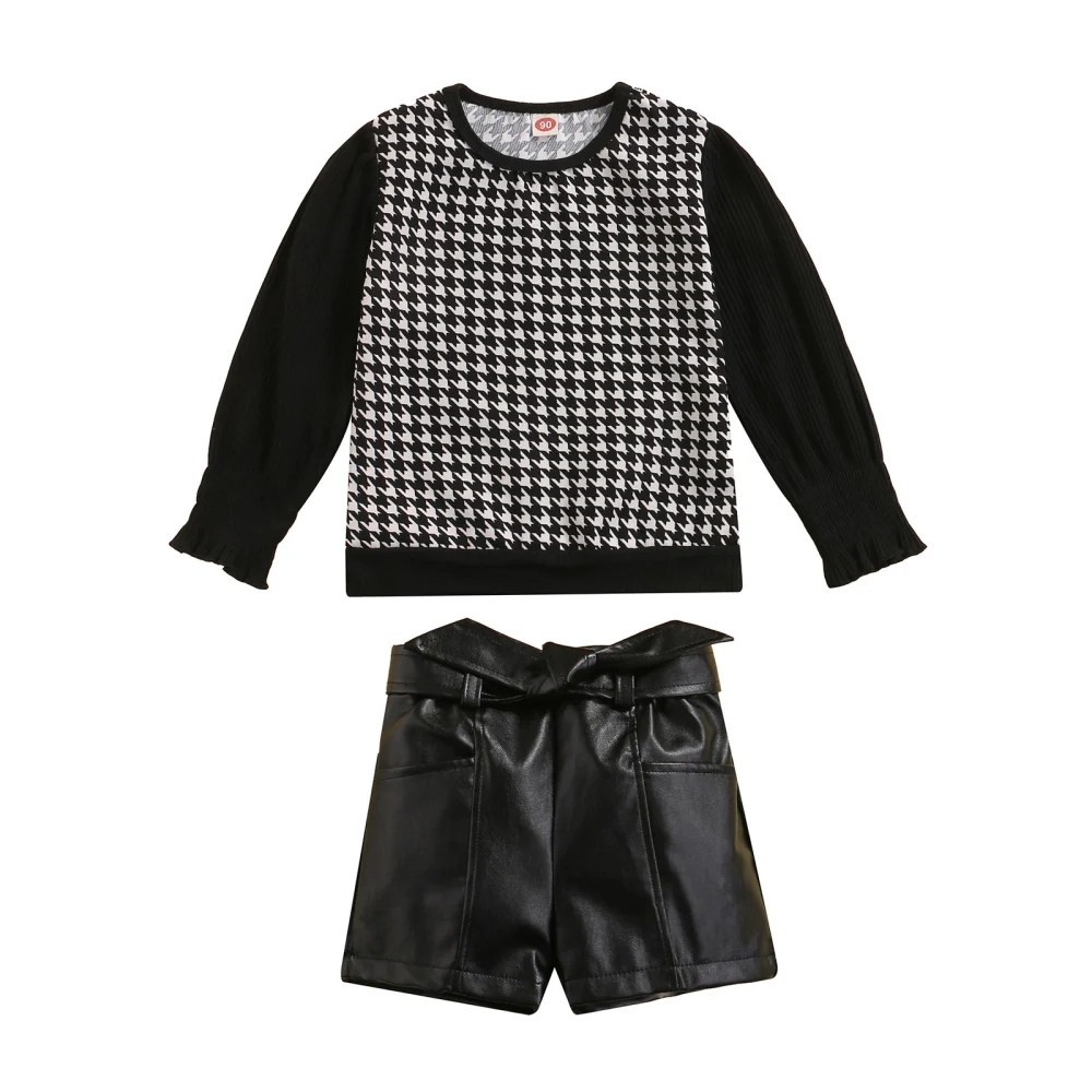 Kids Leather Shorts Set, Elastic Cuff Houndstooth Tops Bowknot Skirt