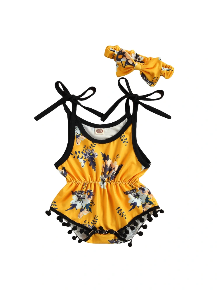 Baby Girls Outfit, Printing Plush Ball Suspender Romper, Bow Headwear