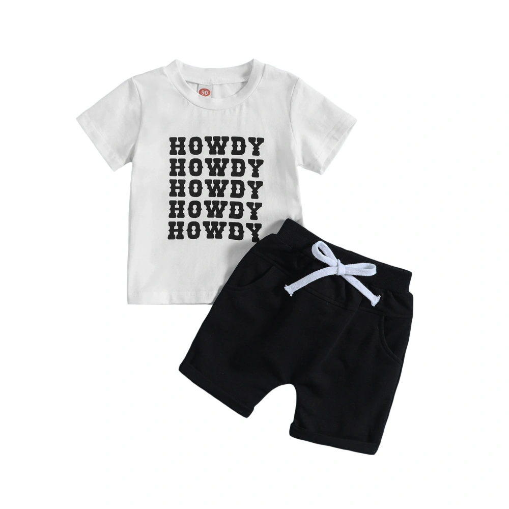 Boys White Short Sleeve Letter Print Tops + Black Drawstring Shorts