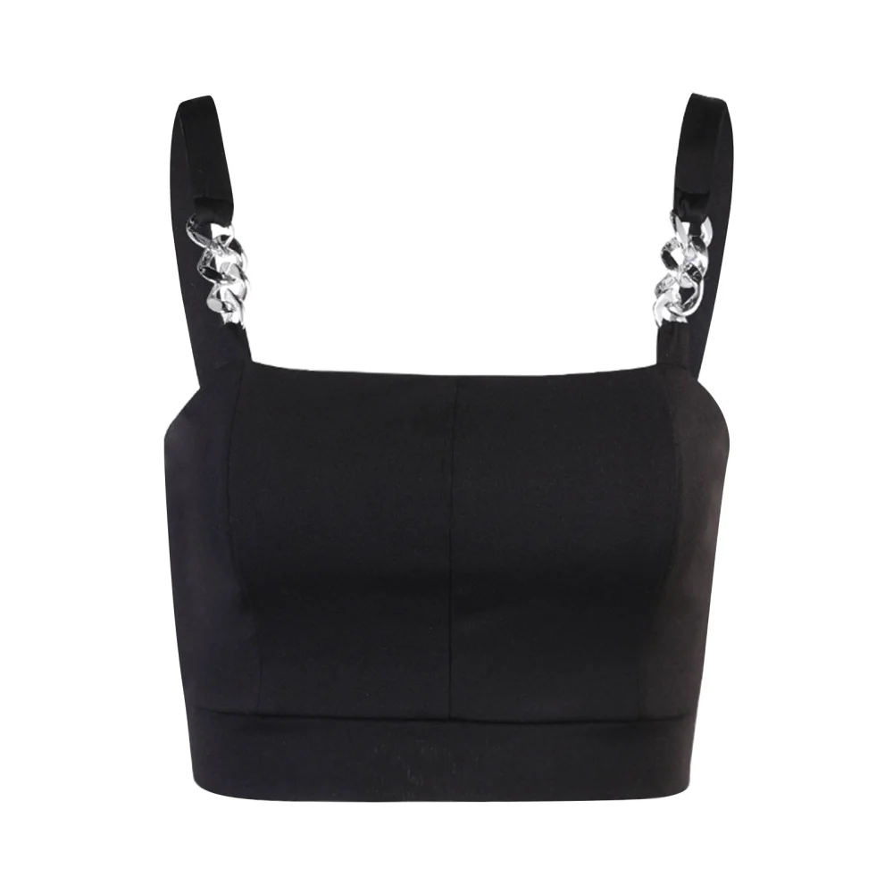 Female Solid Color Square Collar Sleeveless Crop Tops with Metal Chain