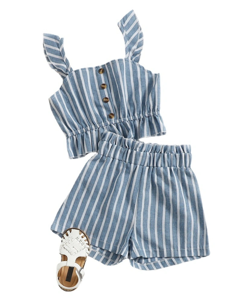 Kids Girls Striped Square Collar Sleeveless Pullover+ Short Pants