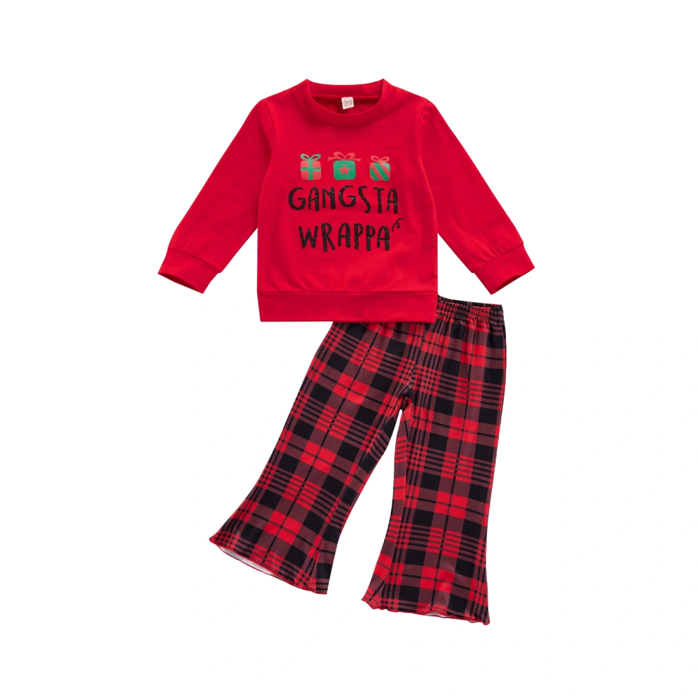 Girls Red Long Sleeve Letter Print Pullover + Plaid Flared Pants