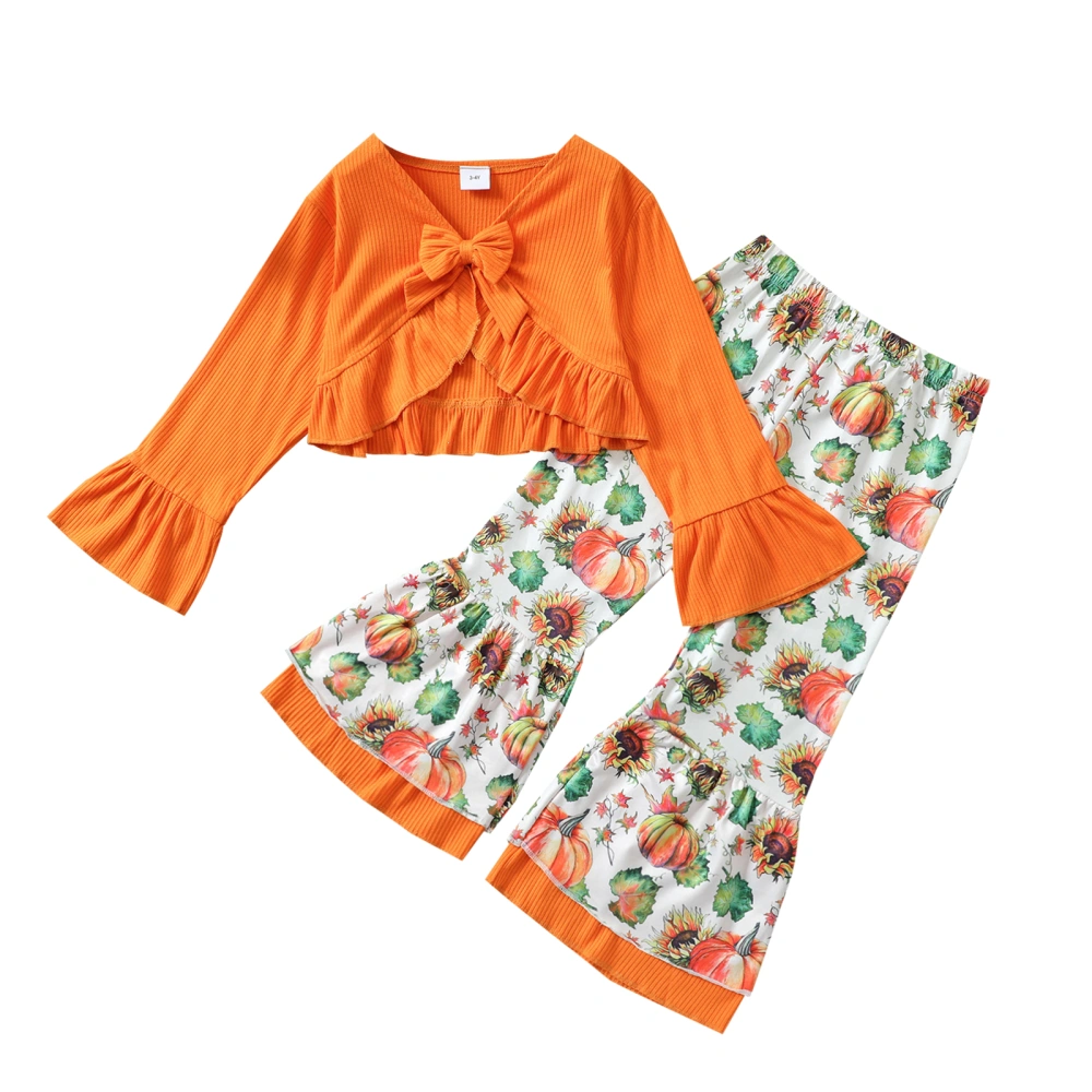 Kids Halloween Outfit, Flared-Sleeves Crop Tops + Pumpkin Bell-Bottoms