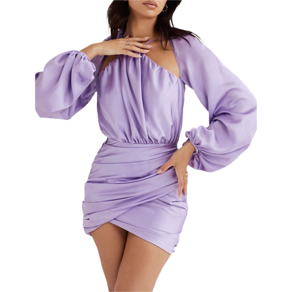 Women Spring Dress, Long Lantern Sleeve Plain Ruched Backless Dress