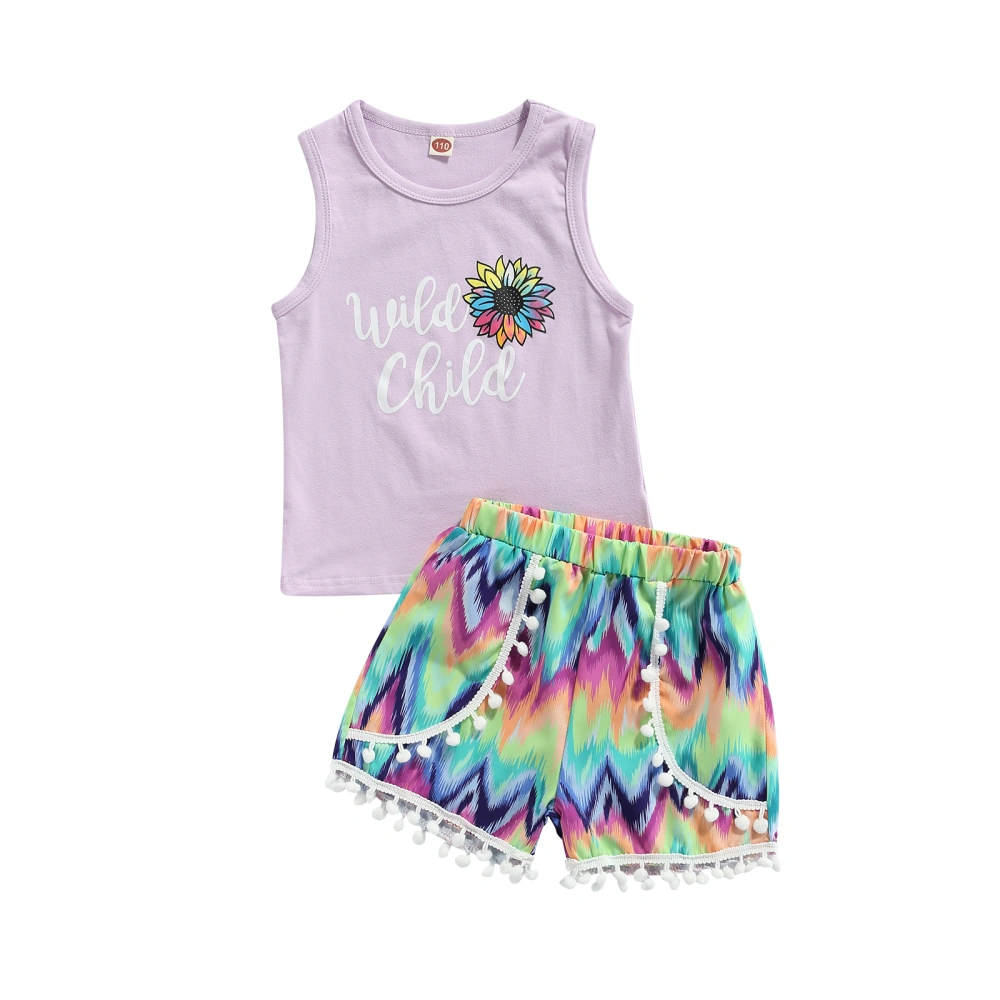 Letter & Flower Print Tank Tops + Color Block Shorts with Pom Poms