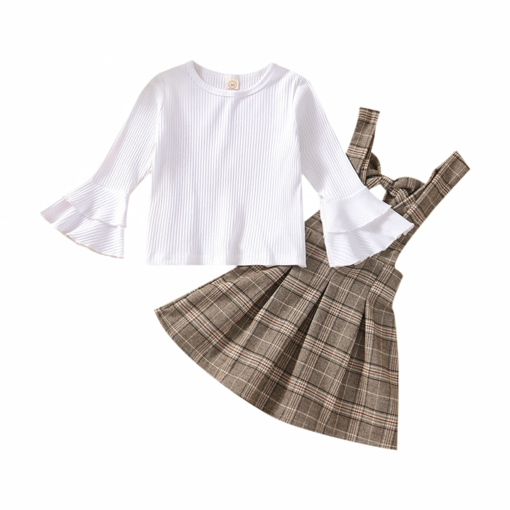 2Pcs Toddler Girls Fall Outfits, Rib Knit Tops + Plaid Suspender Skirt