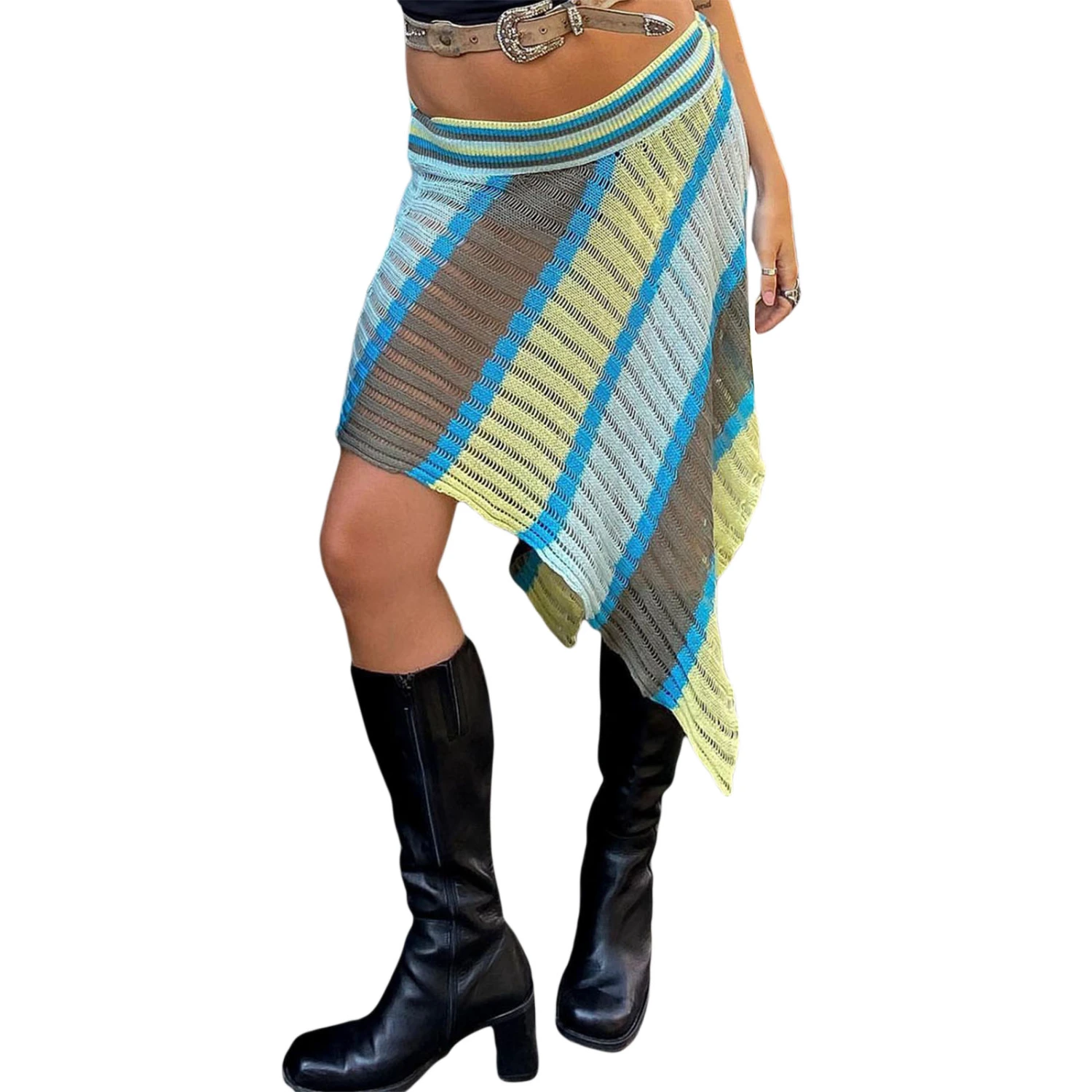 Women Midi Skirt, Knitted Striped Low Rise Irregular Hems Skirts
