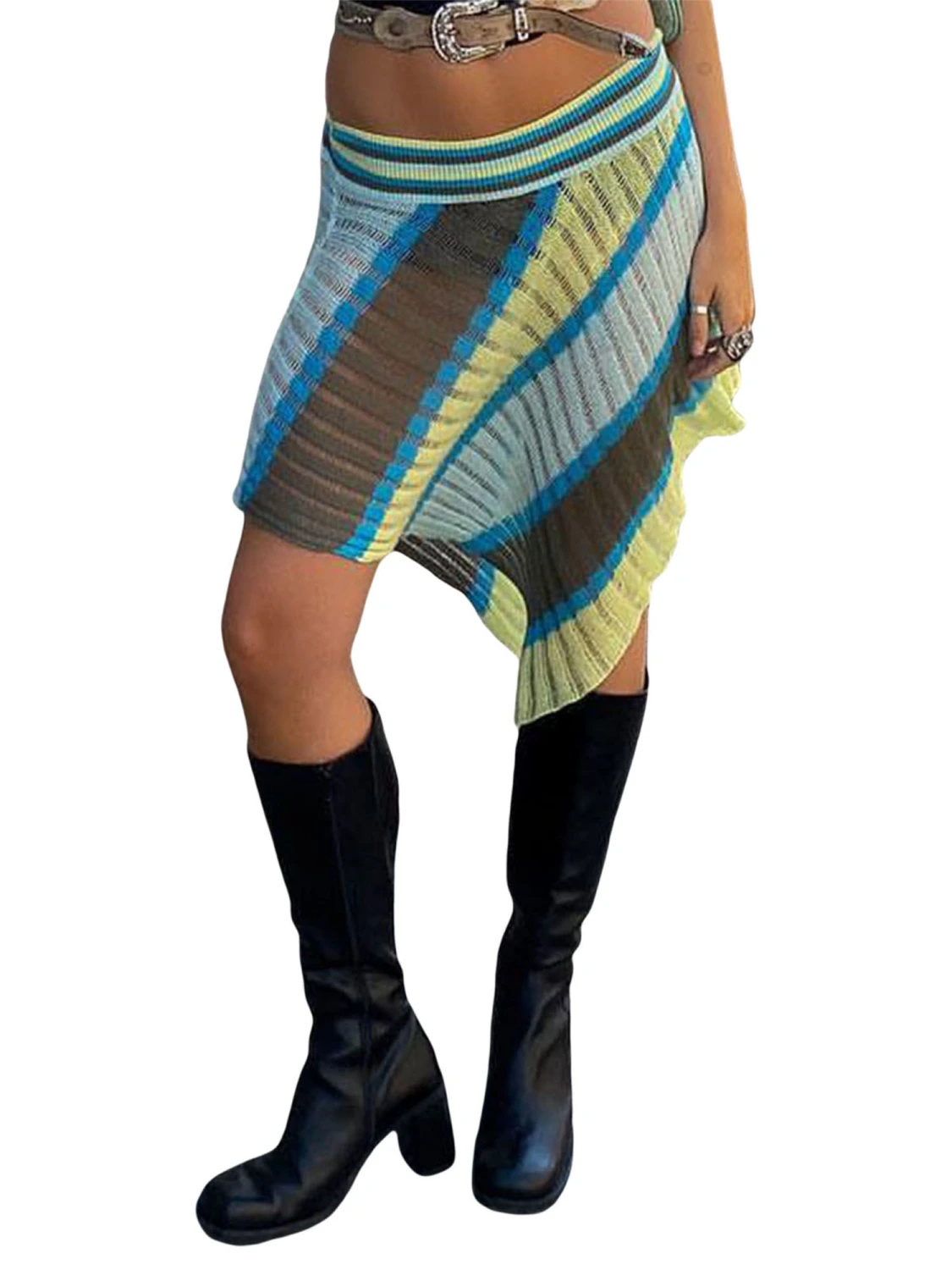 Women Midi Skirt, Knitted Striped Low Rise Irregular Hems Skirts