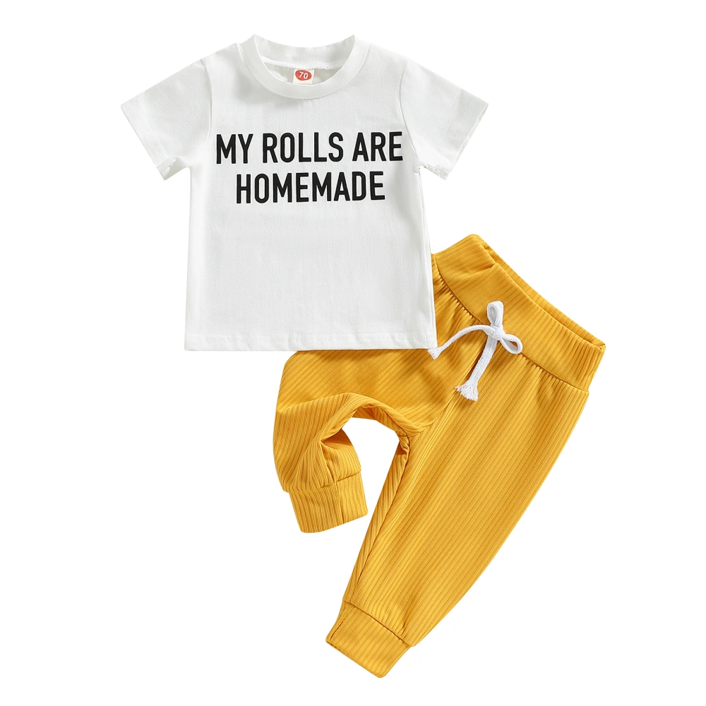 Boys White Short Sleeve Letter Print Tops + Yellow Drawstring Pants