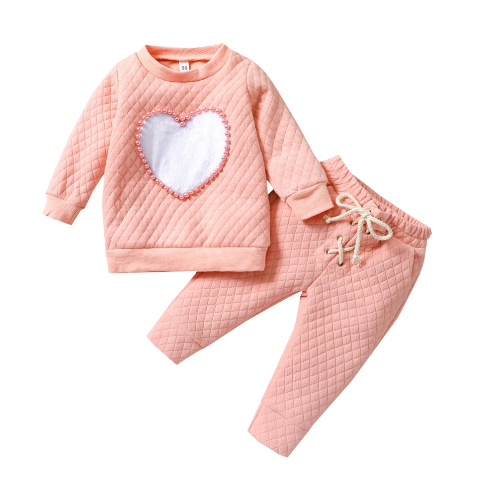 Pearls Heart Pattern O-Neck Long Sleeve Tops+ Solid Color Trousers