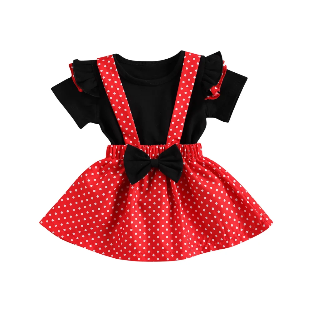 Toddler Girls Fly Sleeve T-shirts + Bowknot Polka Dots Suspender Skirt