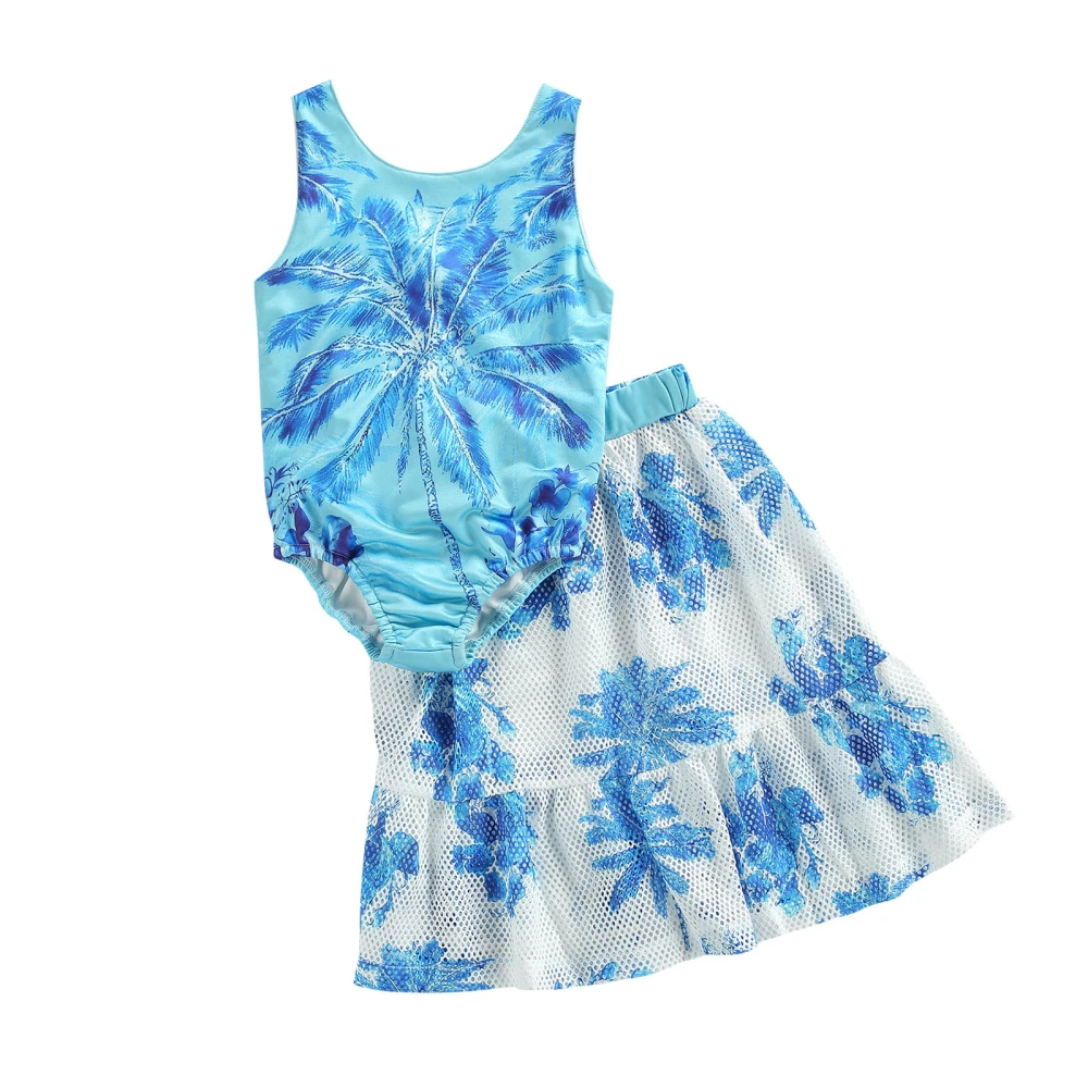 Toddler Summer Swimsuit, Coconut Tree Print Swimwear + Hollow Skirt