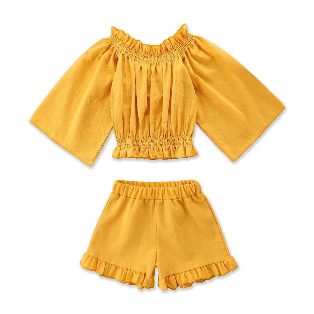 Girls Solid Color Clothes Set, Off-shoulder Tops + Shorts with Ruffles