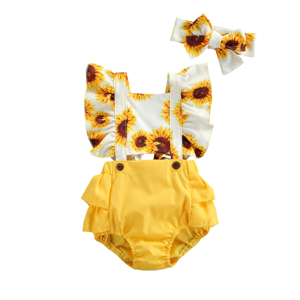 Sunflower Print Square Collar Fly Sleeve Hollow Out Romper+ Hairband