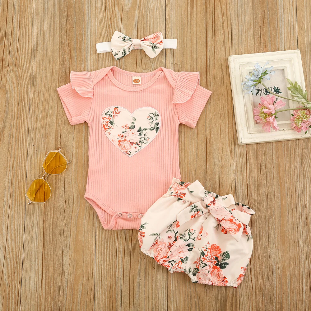 Baby Girl Summer Clothes Set, Short Sleeve Romper + Shorts + Headband