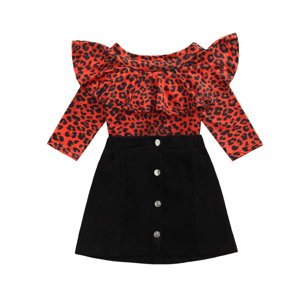 Girls Clothes Set, Leopard Print Off-shoulder Tops+Solid Color Skirt