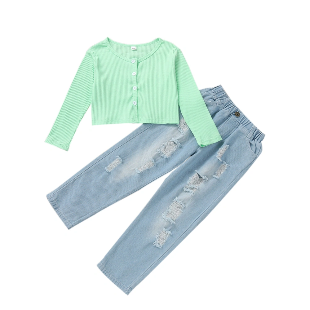 Girl’s Solid Color Long Sleeve Cardigan and Ripped Denim Pants Set