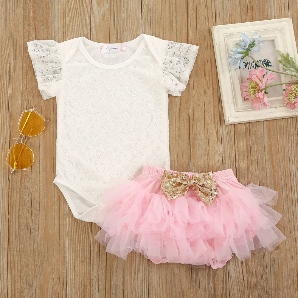 Baby Girl’s Solid Color Lace Short Sleeve Romper and Bow Shorts