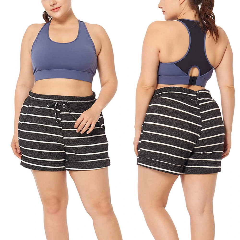 Women Sports Shorts, Stripe/Solid Color Pants with Drawstring Pockets