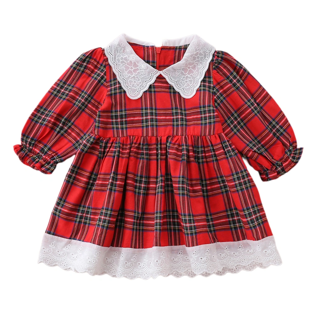 Girl’s Plaid Lace Stitching Doll Collar Puff Sleeve A-line Dress