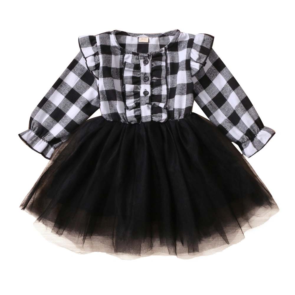 Little Girl’s Plaid Mesh Yarn Stitching Button Long Sleeve Dress