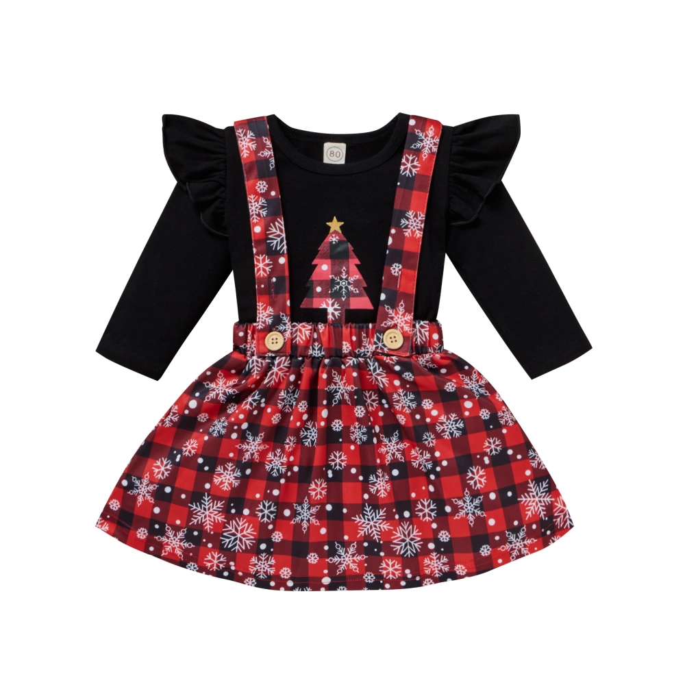 Girl’s Christmas Print Long Sleeve Tops and Suspender Skirt Set