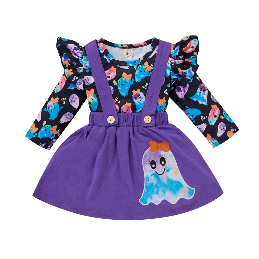 Toddler Halloween Outfit, Ghost Long Sleeve T-Shirt + Suspenders Skirt