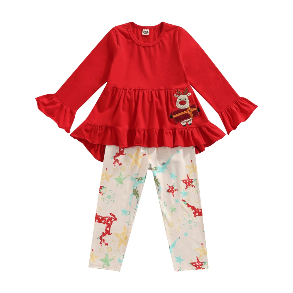 Baby Christmas Long Sleeve + Trouser Elk Embroidery Ruffle Clothes Set