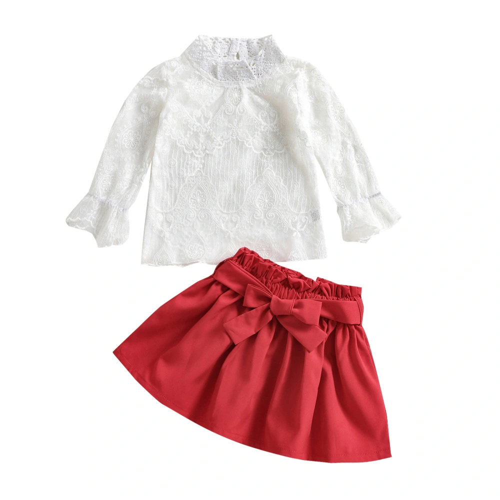 Girls Clothes Set, High Neck Lace Hem Pullover and Solid Color Skirt