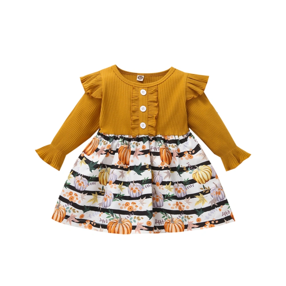 Girl’s Stripe Pumpkin Print Round Neck Long Sleeve A-line Dress