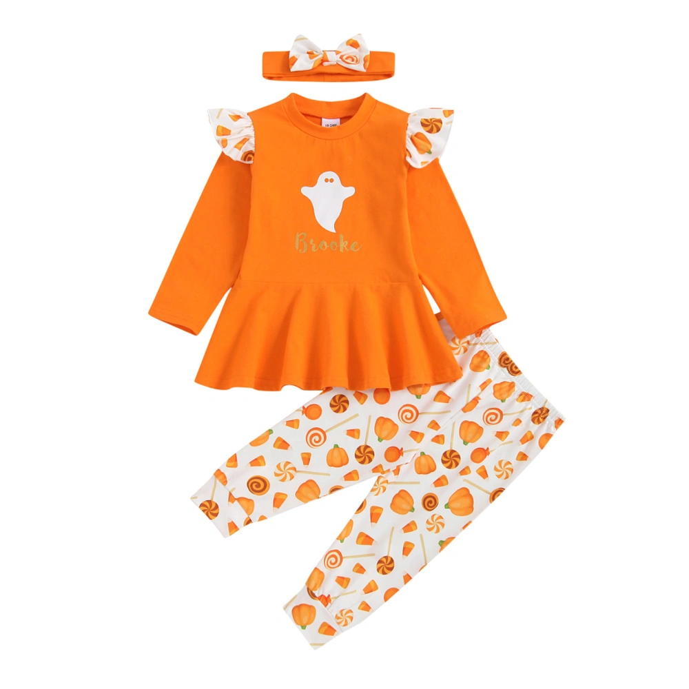 Kids Halloween Tracksuit, Frilly Blouse + Pumpkin Pants + Headband