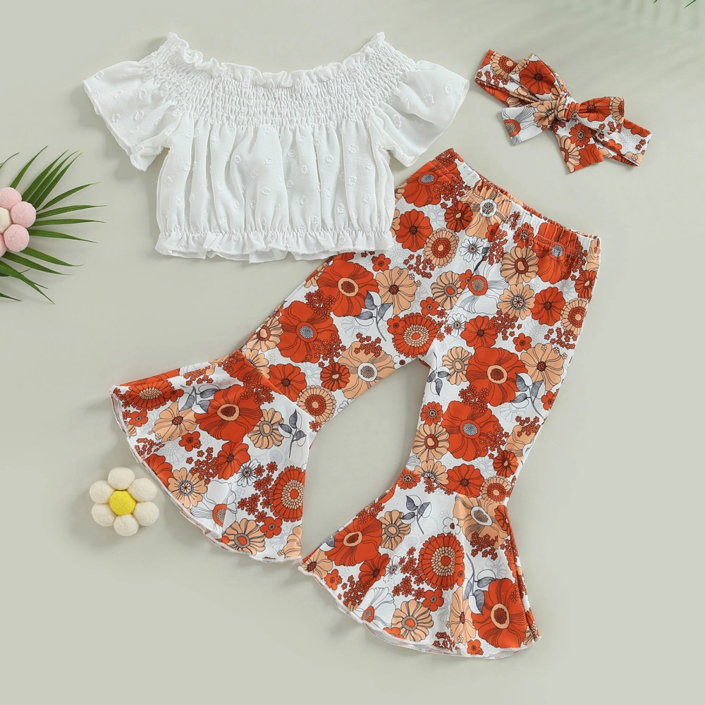 Girls Short Sleeve Off Shoulder Tops + Floral Flared Pants + Headband