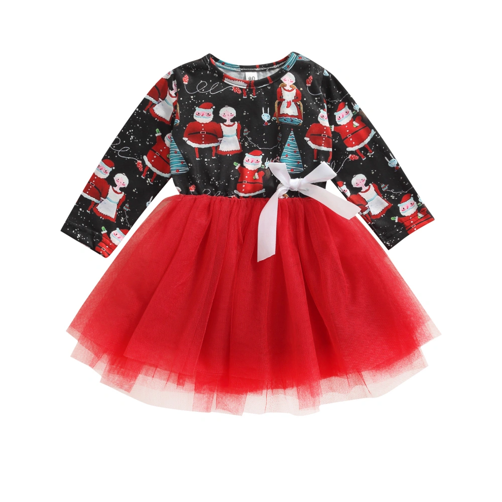 Christmas Cartoon Print Long Sleeve Round Neck Tulle Dress with Bow